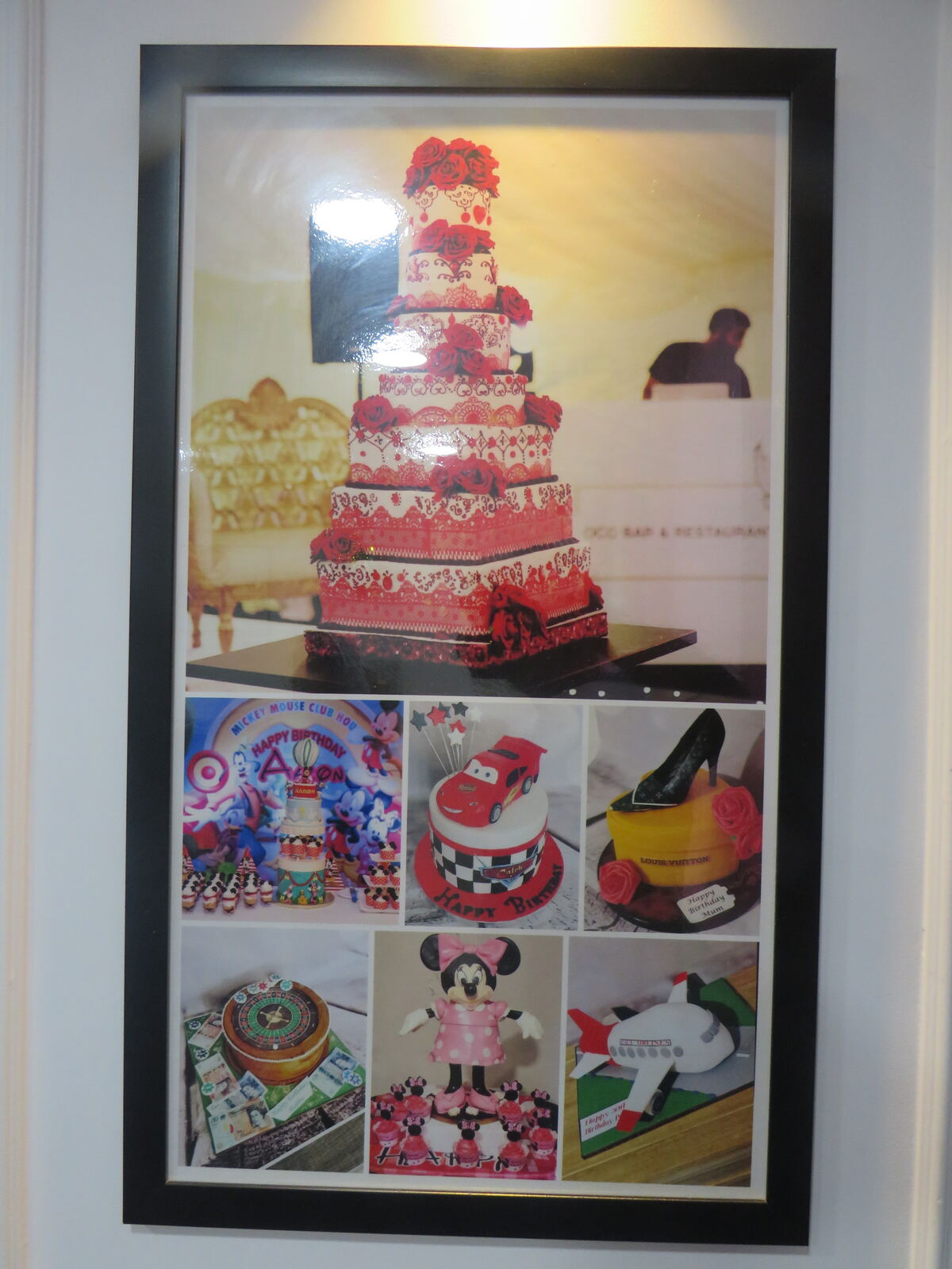 Collage of custom cakes including a tiered red rose wedding cake, a race car cake and a stiletto heel cake