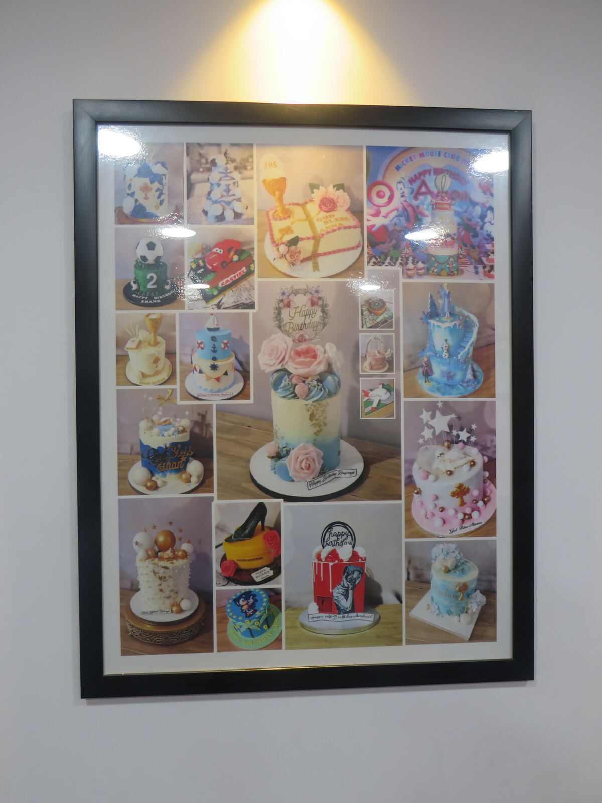 Collage of custom birthday cakes including a Frozen themed cake, a football cake and floral drip cakes